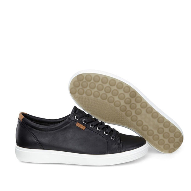 ECCO Soft 7 Sneakers Black Womens Leather: this pair features white rubber soles and beige circular-grip outsoles—one shoe upright, one on its side—ideal long-lace comfort trainers for modern style and all-day wear., 41661, 737431676282, 737431676299, 737431676305, 41665