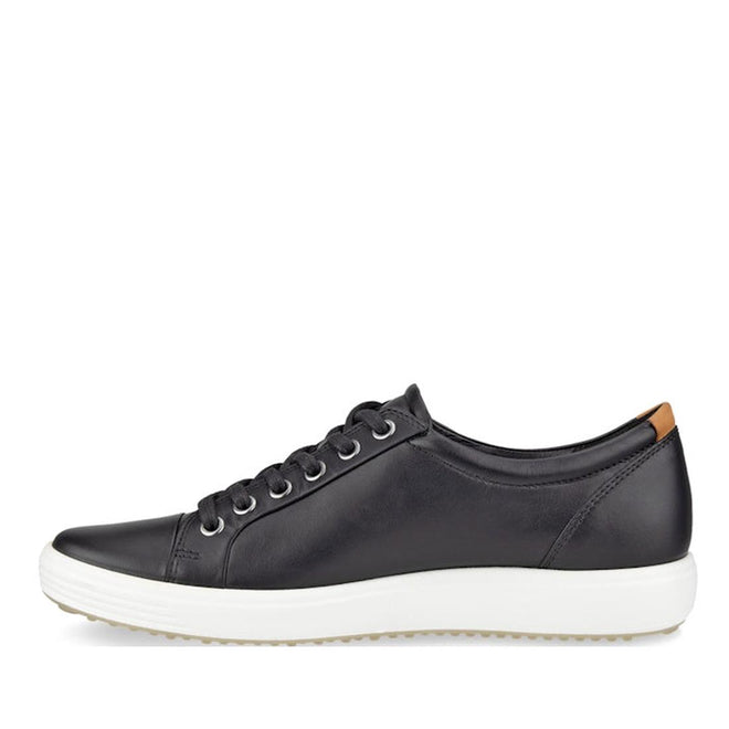 The Ecco Soft 7 Sneakers Black Womens Leather features long laces, a white rubber sole, and classic side profile—ideal comfort trainers for everyday wear., 41661, 737431676282, 737431676299, 737431676305, 41665