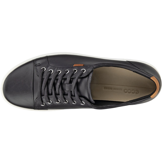 Top view of Ecco Soft 7 Sneakers Black Womens Leather sneaker featuring black laces, white rubber sole, and tan heel accent. Combines classic style with all-day comfort. "ECCO" is visible on the insole., 41661, 737431676282, 737431676299, 737431676305, 41665