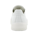 Rear view of the Ecco Street Tray White Womens Leather Sneaker Clearance, a full-grain white leather athleisure shoe with visible stitching and a textured sole, photographed on a plain white background., 41656, 737428602638, 737428602645, 737428602652, 41660