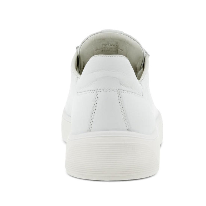 Rear view of the Ecco Street Tray White Womens Leather Sneaker Clearance, a full-grain white leather athleisure shoe with visible stitching and a textured sole, photographed on a plain white background., 41656, 737428602638, 737428602645, 737428602652, 41660