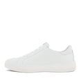 The Ecco Street Tray White Women's Leather Sneaker features a clean low-top design with full-grain leather, white laces, and a white sole. Minimal details complete its look, shown from the side on a white background. Now available on clearance., 41656, 737428602638, 737428602645, 737428602652, 41660