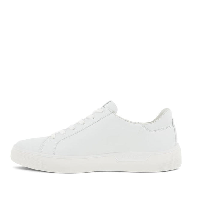 The Ecco Street Tray White Women's Leather Sneaker features a clean low-top design with full-grain leather, white laces, and a white sole. Minimal details complete its look, shown from the side on a white background. Now available on clearance., 41656, 737428602638, 737428602645, 737428602652, 41660