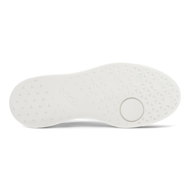 The image displays the white outsole of the Ecco Street Tray White Womens Leather Sneaker Clearance, featuring a textured geometric pattern, embossed "ecco" branding, and a circular design near the heel., 41656, 737428602638, 737428602645, 737428602652, 41660