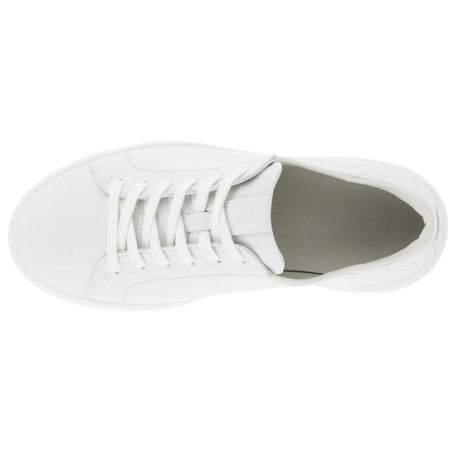 Top view of the Ecco Street Tray White Womens Leather Sneaker Clearance, crafted in full-grain leather with white laces and a clean, minimal design—ideal for women’s athleisure wear., 41656, 737428602638, 737428602645, 737428602652, 41660