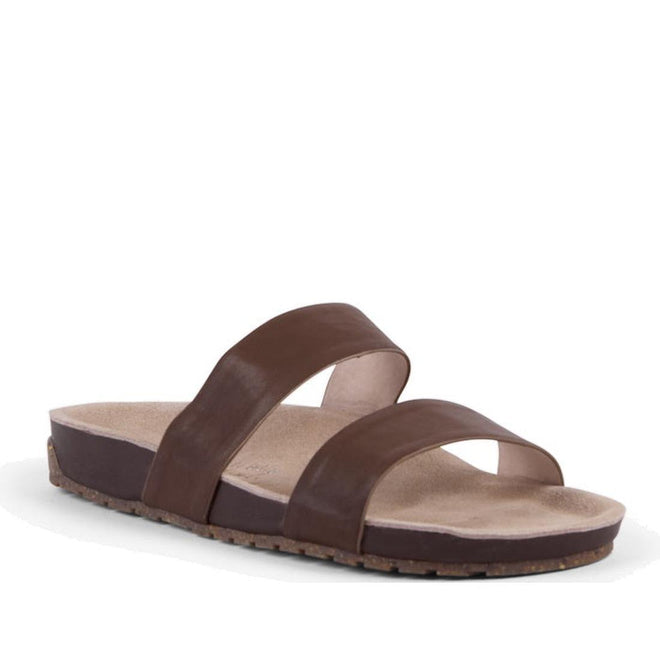 EMU Lucie Slide in Brown sandal on a white background.shwoing side nad front view. Two strap over the top of the oot which are not adjustable.
