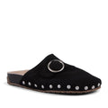 EMU Amber Black clog scuff shoe with silver buckle and studs on a white background