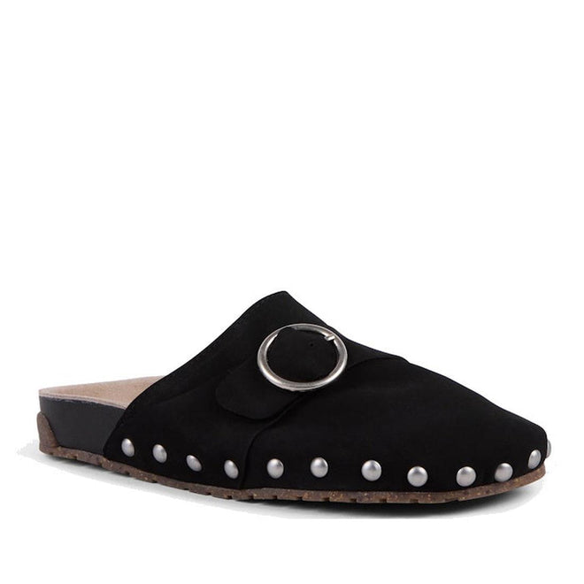EMU Amber Black clog scuff shoe with silver buckle and studs on a white background