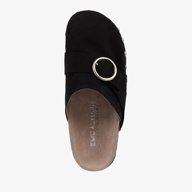 Top down view EMU Amber Black sandal with a circular buckle on a white background.,
9330071982495,
9330071982501,
9330071982518,
9330071982525,
9330071982532,