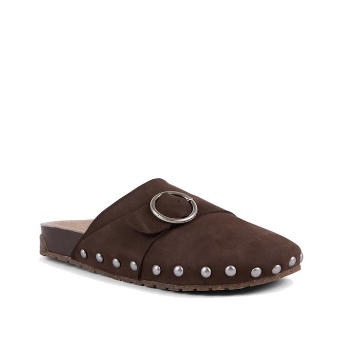 EMU Amber Brown slip-on scuff with a covered te and top of the foot with a circular buckle and studded details on a white background
