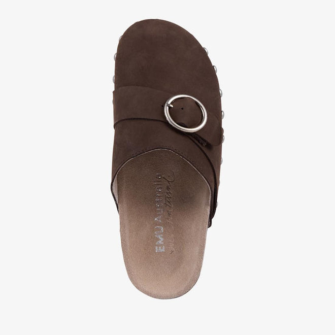 EMU Amber Brown scuff sandal top down view showing with a buckle on a white background.,
9330071982563,
9330071982570,
9330071982587,, 9330071982563, 9330071982570, 9330071982587, 46582, 46583