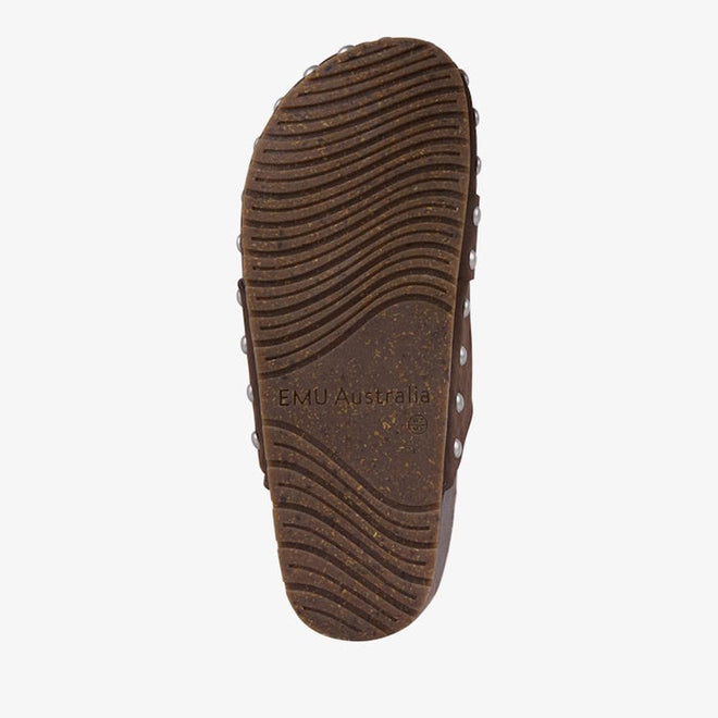 Brown sole of a shoe with 'EMU Australia'  Amber SCuff Espresso branding on a light gray background.,
9330071982563,
9330071982570,
9330071982587,, 9330071982563, 9330071982570, 9330071982587, 46582, 46583