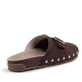Brown EMU Amber Scuff sandal with studded details on a white background, looking from rear to front view. Shows slight build up in the heel and slight arch support.,
9330071982563,
9330071982570,
9330071982587,, 9330071982563, 9330071982570, 9330071982587, 46582, 46583