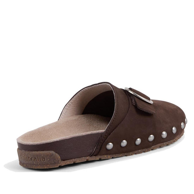 Brown EMU Amber Scuff sandal with studded details on a white background, looking from rear to front view. Shows slight build up in the heel and slight arch support.,
9330071982563,
9330071982570,
9330071982587,, 9330071982563, 9330071982570, 9330071982587, 46582, 46583