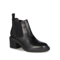 The front and outer side view of the right foot of the  black leather EMU Clara waterproof Chelsea ankle boot with a mide height block heel and elastic gusset.