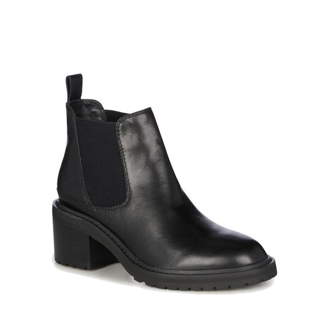 The front and outer side view of the right foot of the  black leather EMU Clara waterproof Chelsea ankle boot with a mide height block heel and elastic gusset.