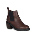 A brown EMU Clare Leather Waterproof Ankle Chelsea Block Heeled Boot with a black elastic gusset and a low heel.