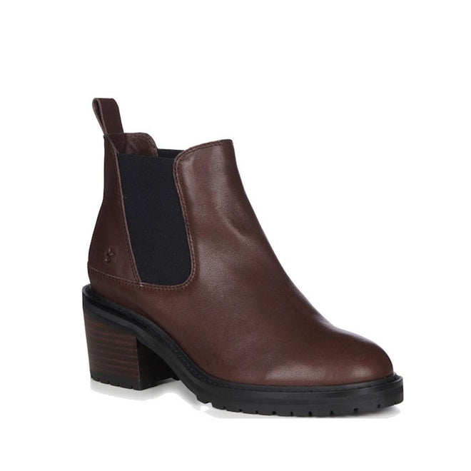 A brown EMU Clare Leather Waterproof Ankle Chelsea Block Heeled Boot with a black elastic gusset and a low heel.