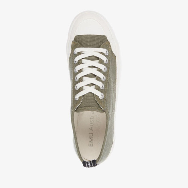 Top down view EMU Hosier Green canvas sneaker with white laces on a white background. Shows the rubber toe protection over the toe area.
9330071956052,
9330071956069,
9330071956076,