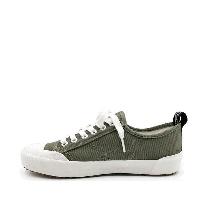 Side view of the inner of the foot EMU Hosier Green sneaker with white laces on a white background.,
9330071956052,
9330071956069,
9330071956076,