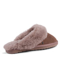 The EMU Women's Jolie Mocha Slipper Scuff features brown suede, thick light pink faux fur lining and trim, a closed toe, open back, and textured rubber sole for cozy indoor/outdoor wear., 51650, 9330071975503, 9330071975510, 9330071975527, 9330071975534, 51655