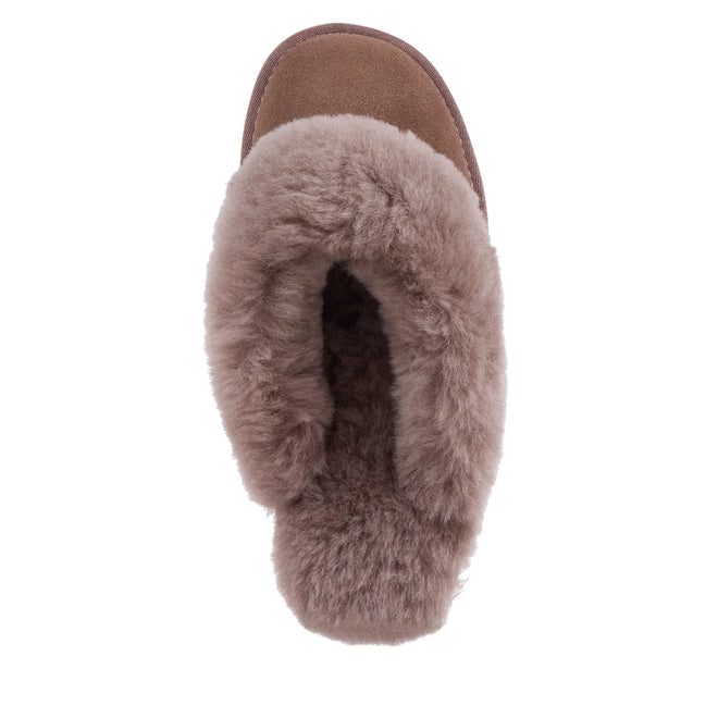 Top view of the EMU Women's Jolie Mocha Slipper Scuff, featuring soft suede and plush sheepskin lining—these cozy Australian slippers offer comfort for both indoor and outdoor wear., 51650, 9330071975503, 9330071975510, 9330071975527, 9330071975534, 51655