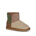 A child's EMU wool Wallaby Mini boot featuring a patchwork design with chestnut, green, beige, and brown colors, made from merino wool and suede materials. side veiw right foot.,