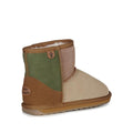 heel shot of a childs EMU Mini Wool Boot EMU Wallaby featuring a patchwork design with chestnut, green, beige, and brown colors, made from merino wool and suede materials adn logo on the heel and a tab on the side of the boot.,
9330071960721,
9330071960738,
9330071960745,
9330071960752,
9330071960769,
9330071960776,
9330071960783,