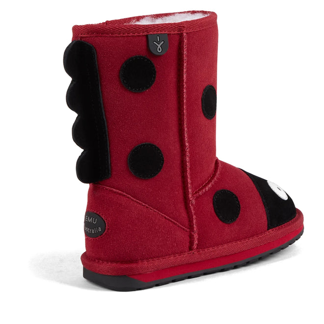 The EMU Kids Creatures Red Ladybird Wool Boots are children’s suede boots featuring black spots, a plush texture, and a cute face with eyes on the toe. Lined with Australian Merino wool for durability and comfort. Label: EMU Australia., 51426, 9330071131183, 9330071131190, 9330071131206, 9330071131213, 9330071131220, 9330071131237, 9330071131244, 9330071131251, 9330071131268