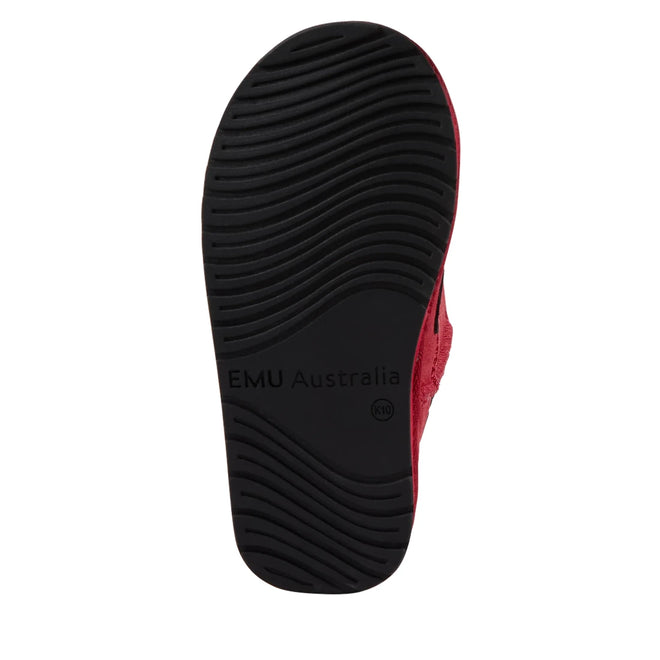 The image shows the black rubber sole of the EMU Kids Creatures Red Ladybird Wool Boots with EMU Australia and size embossed. Wavy horizontal grooves provide traction, and part of the red upper is visible., 51426, 9330071131183, 9330071131190, 9330071131206, 9330071131213, 9330071131220, 9330071131237, 9330071131244, 9330071131251, 9330071131268