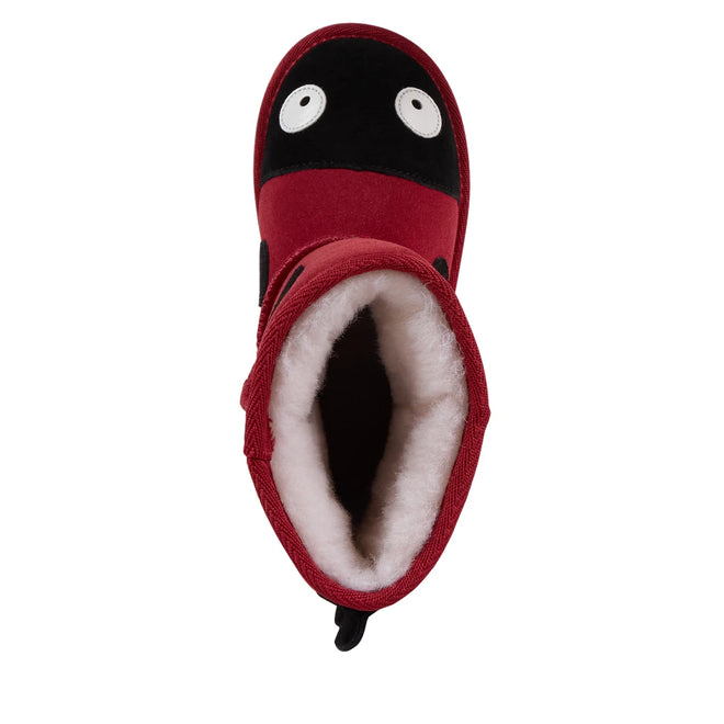 The EMU Kids Creatures Red Ladybird Wool Boots are children's suede boots with a black toe, two white eyes for a ladybug look, and a fluffy Australian Merino wool lining for durable comfort., 51426, 9330071131183, 9330071131190, 9330071131206, 9330071131213, 9330071131220, 9330071131237, 9330071131244, 9330071131251, 9330071131268