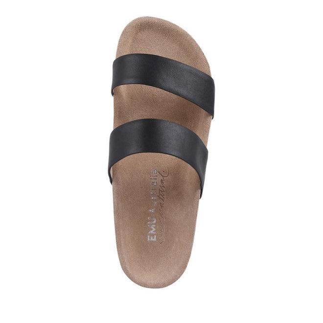 Top down view of Emu Lucie double strap slides Brown sandal with black straps on a white background.,
9330071982679,
9330071982686,
9330071982693,