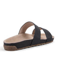 EMU Lucie Black sandal with cork sole on a white background. Showing view from rear to front with slight arch support.,
9330071982679,
9330071982686,
9330071982693,