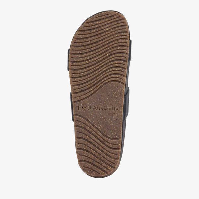Brown sole of a sandal with 'EMU Australia' branding on a white background.,
9330071982679,
9330071982686,
9330071982693,