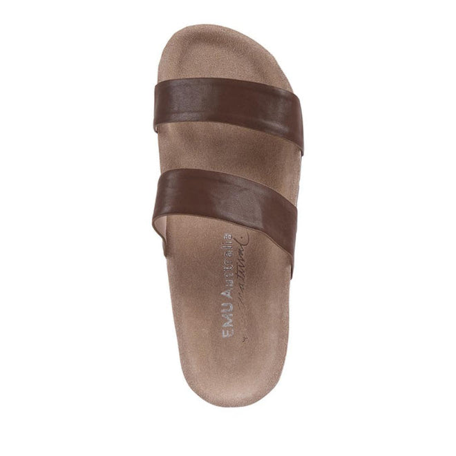 Top down view EMU Lucie slide Brown sandal with brown straps on a white background.,
9330071982730,
9330071982747,
9330071982754,
9330071982761,
9330071982778,
9330071982785,