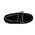 The top down view of an EMU sandrine black moccasin-style sheepskin slipper with a bow detail also showing the dark grey sheepskin lining.,
9330071972809,
9330071972816,
9330071972823,
9330071972830,
9330071972847,
