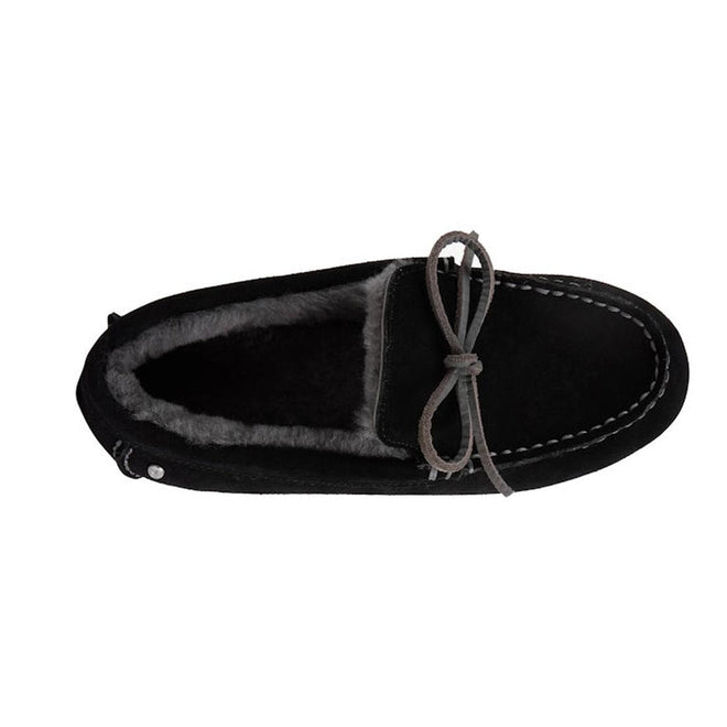 The top down view of an EMU sandrine black moccasin-style sheepskin slipper with a bow detail also showing the dark grey sheepskin lining.,
9330071972809,
9330071972816,
9330071972823,
9330071972830,
9330071972847,