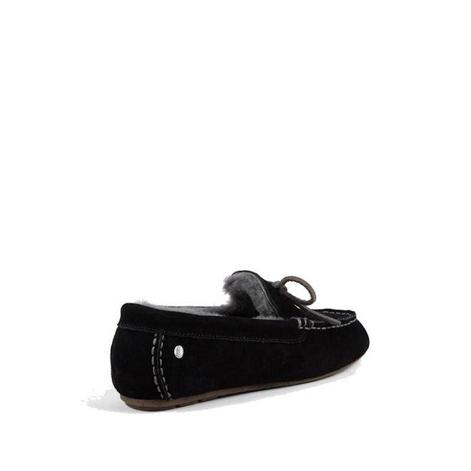 heel view looking forward of the outerside of a right foot of an EMU sandrine black moccasin-style sheepskin slipper showing the stitching and the samll EMU logo on the heel.,
9330071972809,
9330071972816,
9330071972823,
9330071972830,
9330071972847,