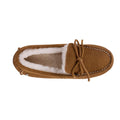 A top down view of the right foot of an EMU Sandrine moccasin style slipper with a tan outr and natural coloured sheepskin inner. Showing decorative bow over the top of the foot.,
9330071972885,
9330071972892,
9330071972908,
9330071972915,
9330071972922,