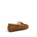 Heel shot showing the stitching detal and deorative emu logo on the heel also showing the outer side of a right foot of a Tan EMU Sandrine moccasin style sheepskin slipper.,
9330071972885,
9330071972892,
9330071972908,
9330071972915,
9330071972922,