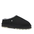 Right foot of EMU Outback Sharky Scuff Mull Black slipper with white Chunky slight platform sole on a white background