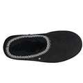 Top down view of EMU Outback Sharky Scuff Mule Black Slipper sandal with a chain detail and showing black sheepskin inner on a white background.,
9330071973073,
9330071973080,
9330071973097,, 45243, 9330071973073, 9330071973080, 9330071973097, 45247, 45248