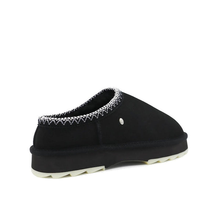 Heel to front view of a EMU Outback Sharky Scuff Mule with slight heel Black slip-on shoe with chunky white sole on a white background.,
9330071973073,
9330071973080,
9330071973097,, 45243, 9330071973073, 9330071973080, 9330071973097, 45247, 45248