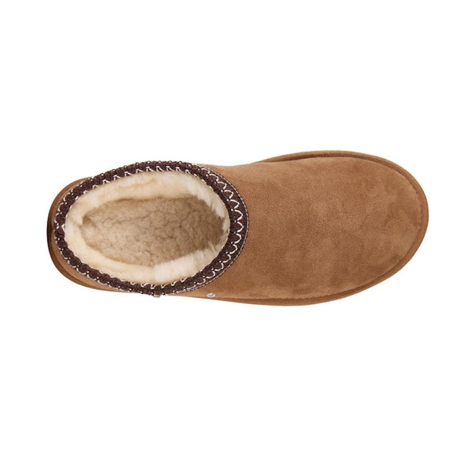 EMU Outback Sharky scuff Sandal Mule in Tan, top down view shwing sheepskin inner lining and brading around the ankle of the shoe. Brown slipper lining on a white background.,
9330071968499,
9330071968505,
9330071968512,
9330071968529,, 45249, 9330071968499, 9330071968505, 9330071968512, 9330071968529, 45254
