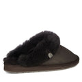 The EMU Women's Eden Platinum Sheepskin Chocolate Brown Scuff Slipper features a slip-on style, thick plush black Australian sheepskin lining, and a flat sole, shown in side view against a white background., 9330071337837, 51422, 9330071337851, 51424, 51425