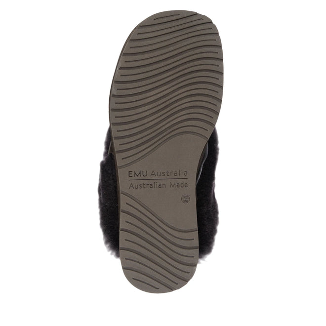 The EMU Women's Eden Platinum Sheepskin Chocolate Brown Scuff Slipper features a dark sole with a wavy tread and "EMU Australia Australian Made" embossed underneath, ensuring authentic Australian sheepskin craftsmanship., 9330071337837, 51422, 9330071337851, 51424, 51425