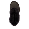 A top view of the EMU Women's Eden Platinum Sheepskin Chocolate Brown Scuff Slipper, featuring a thick, fluffy black fur lining and crafted from soft Australian sheepskin., 9330071337837, 51422, 9330071337851, 51424, 51425