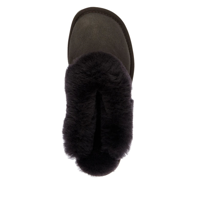 A top view of the EMU Women's Eden Platinum Sheepskin Chocolate Brown Scuff Slipper, featuring a thick, fluffy black fur lining and crafted from soft Australian sheepskin., 9330071337837, 51422, 9330071337851, 51424, 51425