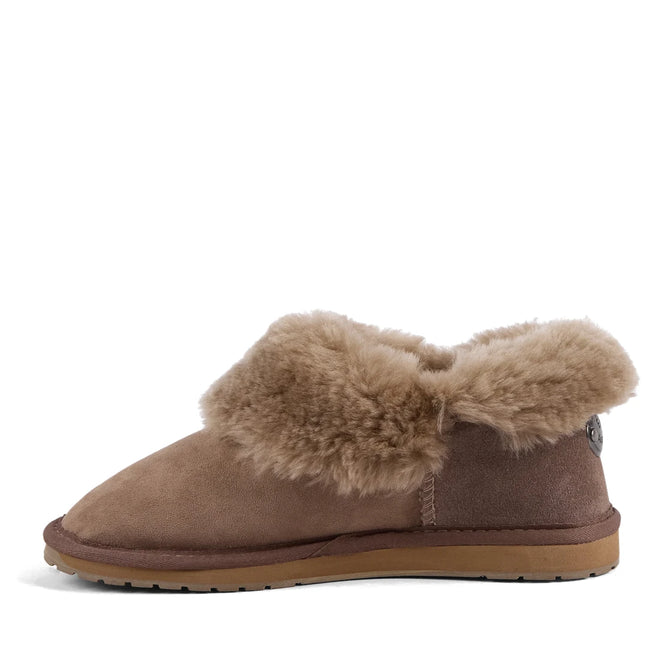 The EMU Womens Mintaro Sheepskin Slipper in Mushroom is a tan suede slipper with plush light brown faux fur lining, a rubber sole, and button detail at the heel—ideal for comfort lovers seeking quality and style., 51402, 9330071981665, 9330071981672, 9330071981689, 51406, 51407, 51408