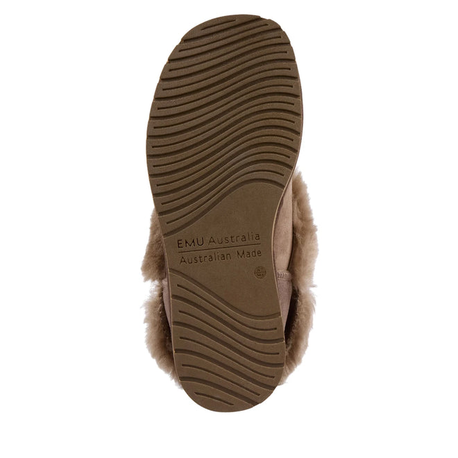 The EMU Womens Mintaro Sheepskin Slipper in Mushroom features a wavy tread sole embossed with "EMU Australia Australian Made," plus soft, fluffy edges reminiscent of premium Australian-made sheepskin slippers., 51402, 9330071981665, 9330071981672, 9330071981689, 51406, 51407, 51408